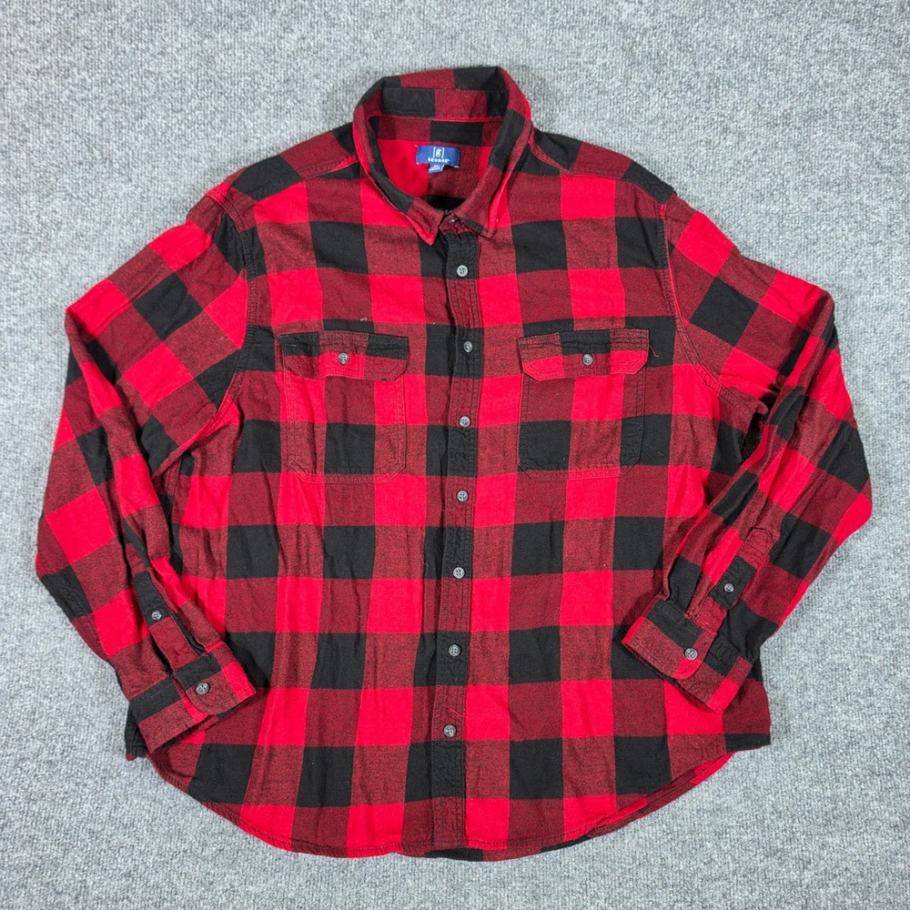 George Mens 2XL Red Black Buffalo Plaid Flannel Button Down Shirt Long Sleeve